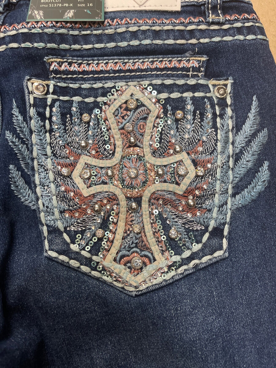 Girls & Junior Embellished Cross Denim Bling Pocket Stretch Girls & Junior Embellished Cross Denim Bling Pocket Stretch