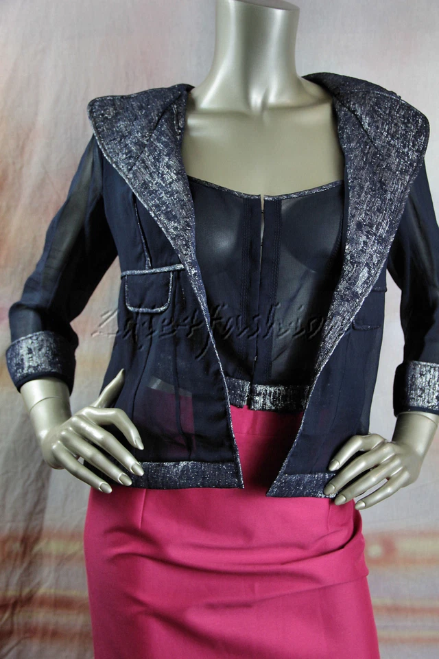 $3490 Nuevo NINA RICCI Azul Marino Plateado Metálico Seda Transparente Chaqueta Top Chaleco 40 8 Foto 3 de 4