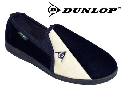 Mens Dunlop Full Slippers Velour Two Tone Twin Gusset Comfy Warm Navy Cream  UK