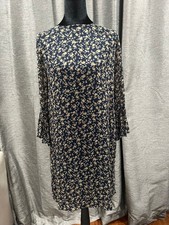 NWOT Ganni sheath floral blue 3/4 pleated bell sleeves knee length size S