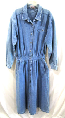 Vintage 90s Fads Blue Long Sleeve Button Front Prairie Denim Dress Women L