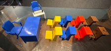Vintage Dollhouse Furniture 8 Student Desks, Teacher Desk, Chairs &  Roll Desk