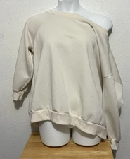 MUSERA Womens Off the Shoulder Sweatshirt XL Ivory Pullover 100% Polyester Soft