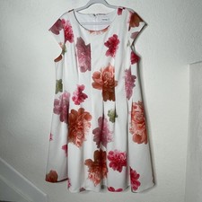 Calvin Klein Flutter Sleeve Pleated Floral Dress Size 16W White Pink Fit & Flare