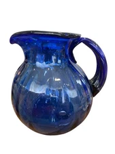 Blue Hand Blown Ribbed Glass Pitcher 8” Tall Mexico Margarita Bubble Party Vtg