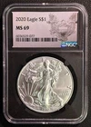 2020 SILVER EAGLE.  NGC CERTIFIED MS69. CERT. #6036529-077