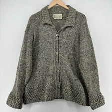 ARAN KNITTERS COOP Sweater Women L Wool Hand Loomed Marled Cardigan Gray Ireland