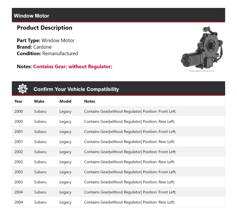 Para 2000-2004 Subaru Legacy Window Motor Cardone 2001 2002 2003 - Imagem 2 de 4