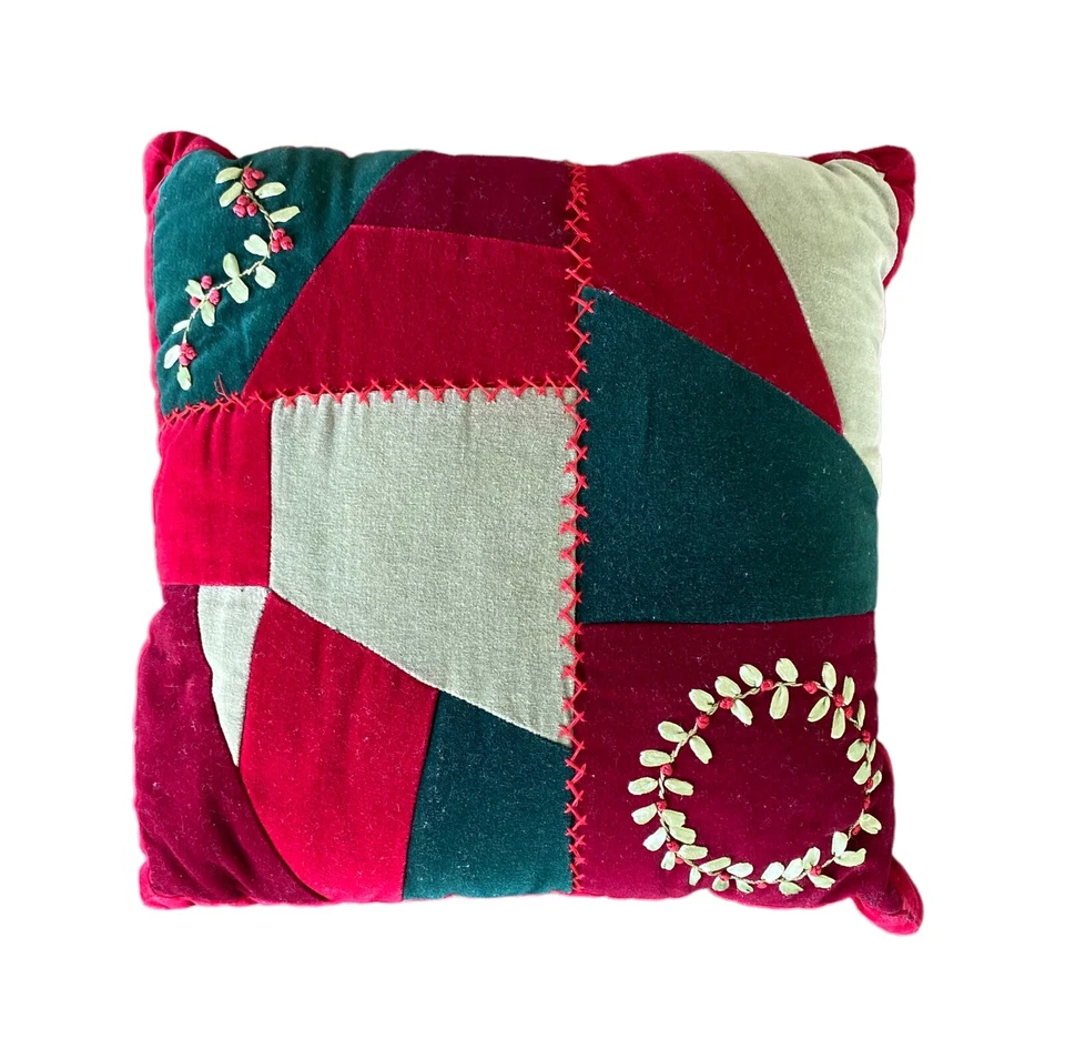 Винтажная бархатная подушка красно-зеленая лоскутная лента вышивка рождественская площадь 15 дюймов - Изображение 2 из 4