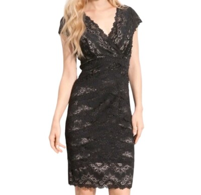 JS Collections Black Layered Lace Sequin Beaded Sheath Cocktail Dress Size 10