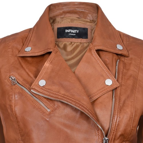 Ladies Leather Jacket Classic Biker Style Tan Brown Real Leather Womens Jacket - Picture 4 of 5
