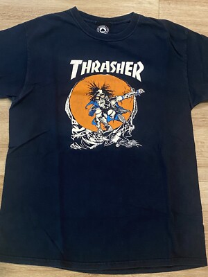 Vintage THRASHER PUSHEAD Scary SkaterT-shirt Rare M 19x26 Black