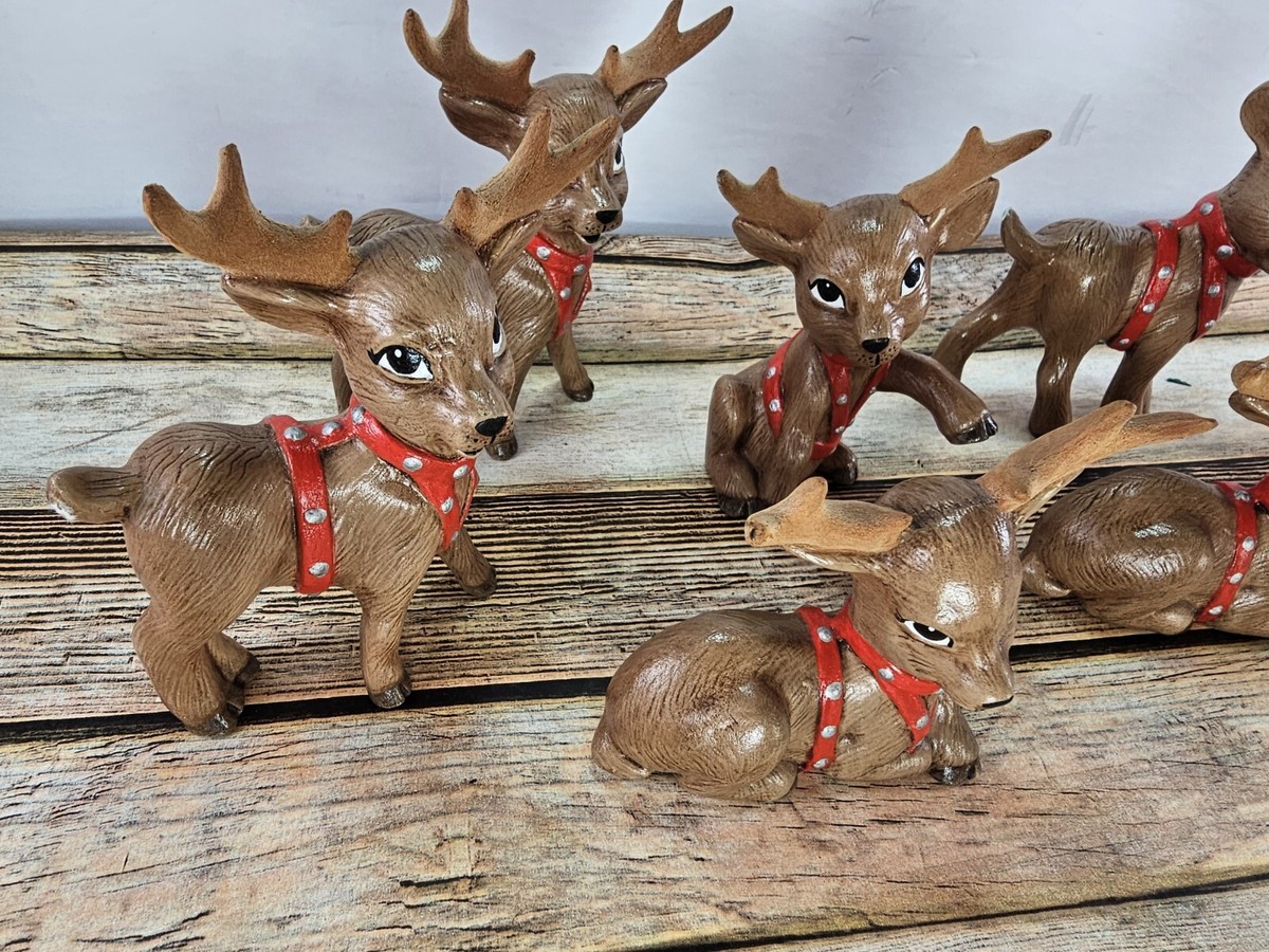 Vintage Kimple Hand Painted Ceramic Reindeer Set Of 7 Christmas