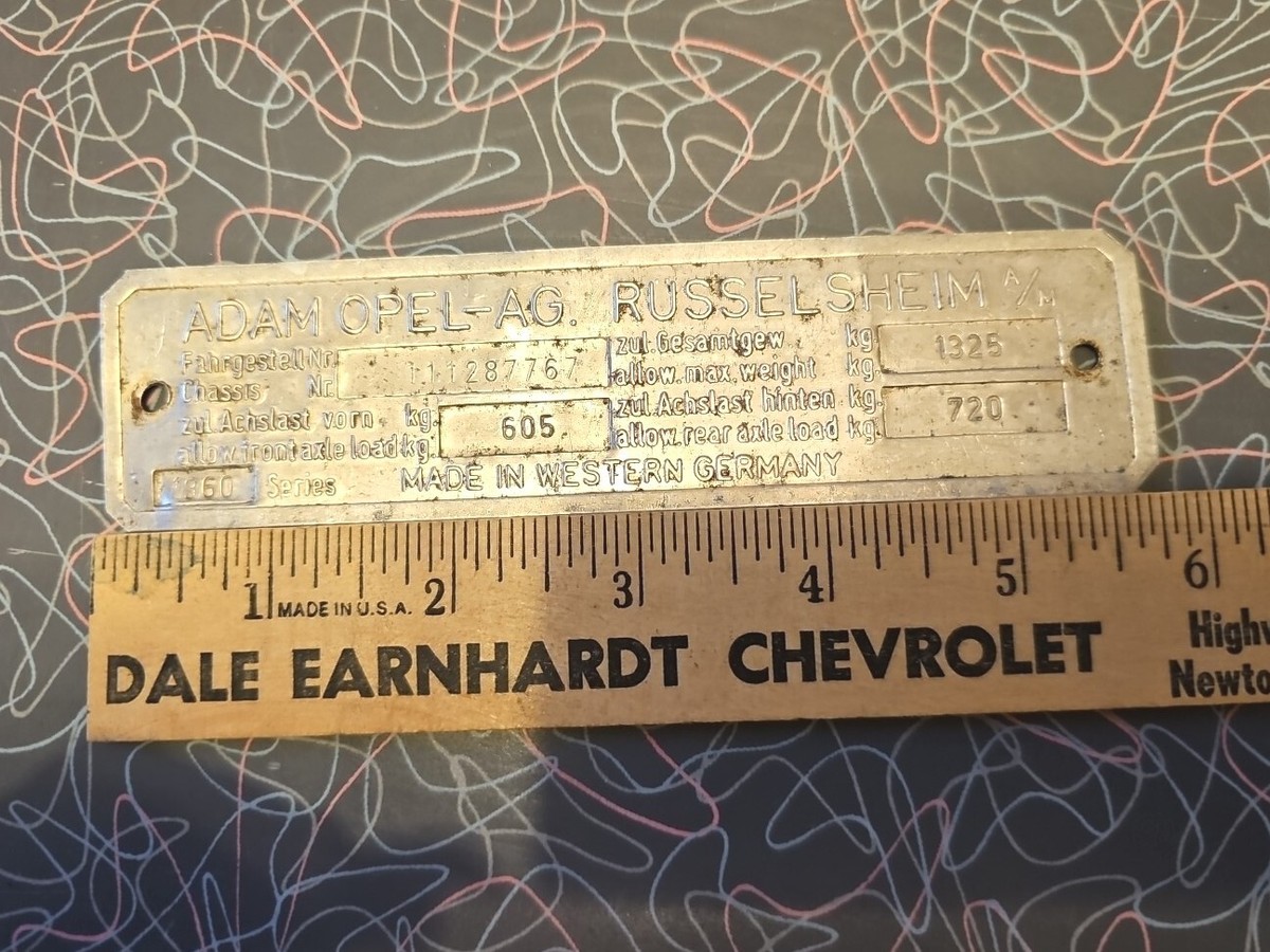 ADAM OPEL-AG. RUSSELSHEIM A/M Vintage Data Plate Chassis Number ID
