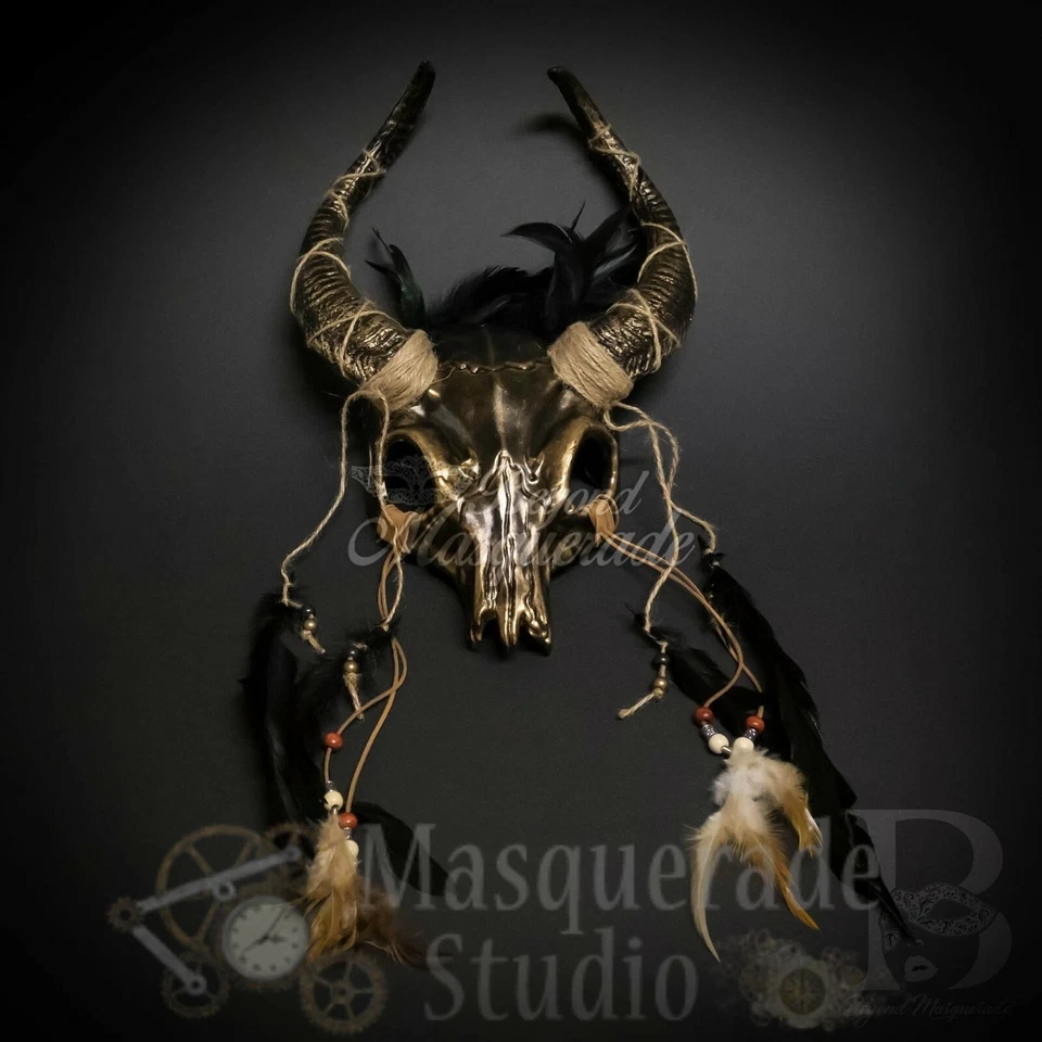 Unisex Ancestral Horned Demon Animal Skull Headdress Masquerade Mask [Gold] - Image 2 of 4