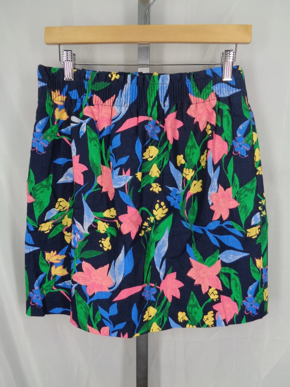 J Crew Floral Linen Cotton Skirt Size 8 Pull On Elastic Waist Pockets New