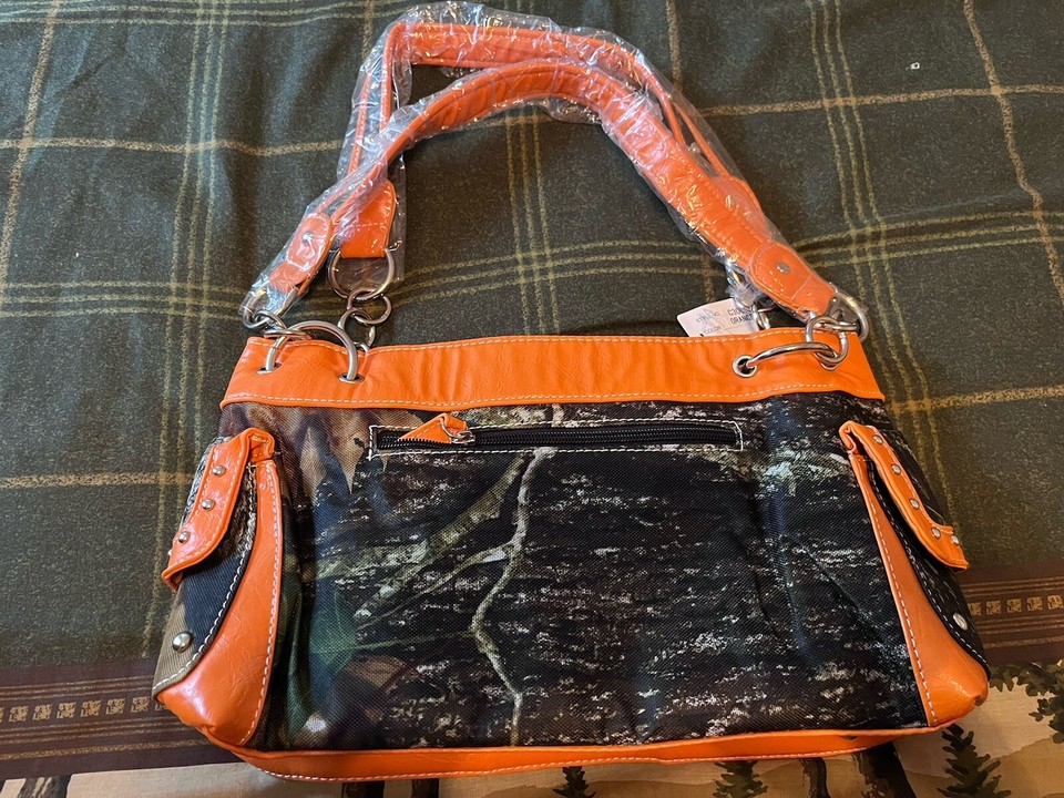 Orange CAMO CROSSED PISTOLS GUNS REVOLVER PURSE STUDS RHINESTONES BLING