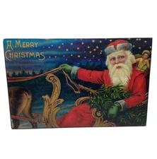 Merry Christmas Vintage Style Retro Santa Painted Hanging Art Picture Plaque