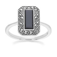 Art Rechteckig Onyx Und Markasit Ring In Sterlingsilber