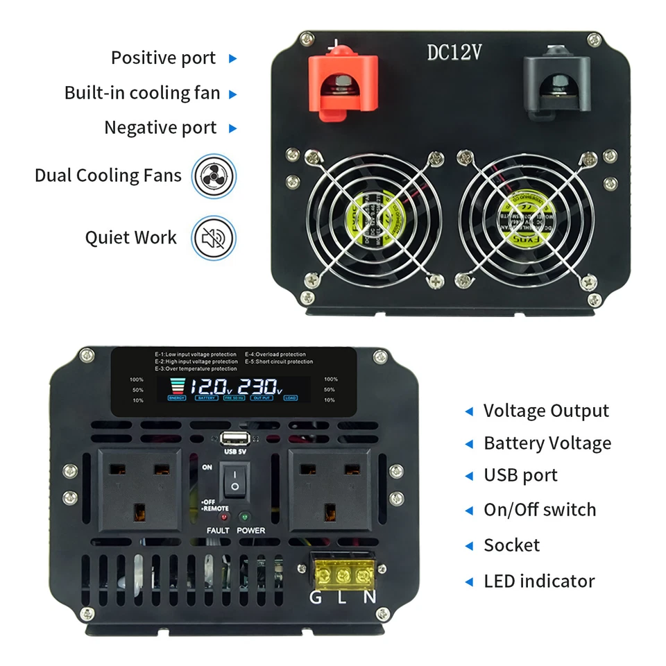 5000W 10000W Power Inverter DC 12V to AC 240V Converter USB 2AC Remote Control - Image 2 of 4