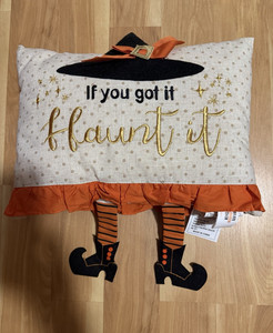 Embroidered Halloween Witch Decorative Rectangle Cushion Pillow Polka Dot Fabric