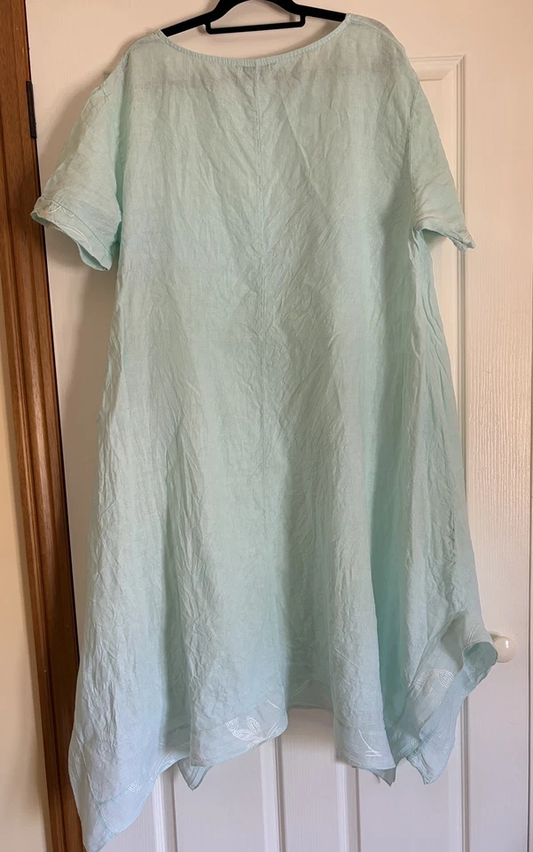 Size XL Ridley Italy Linen Long Dress Green Blue Short Sleeve Embroidered  - image 2 of 4