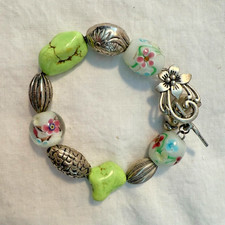 Boho Floral Glass Bead Bracelet w/ Elephant Charm  Silver Accents