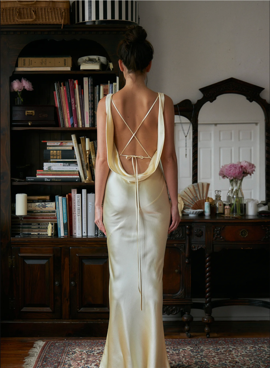 mirror palais double cowl lady length dress NWT Plunging Back in Butter Size XXS womens-luxury-pret