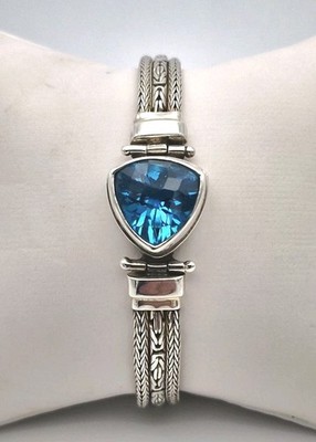 925 Sterling Silber Blautopas Armband - Byzantinischer Stil Knebel Vintage 18 cm