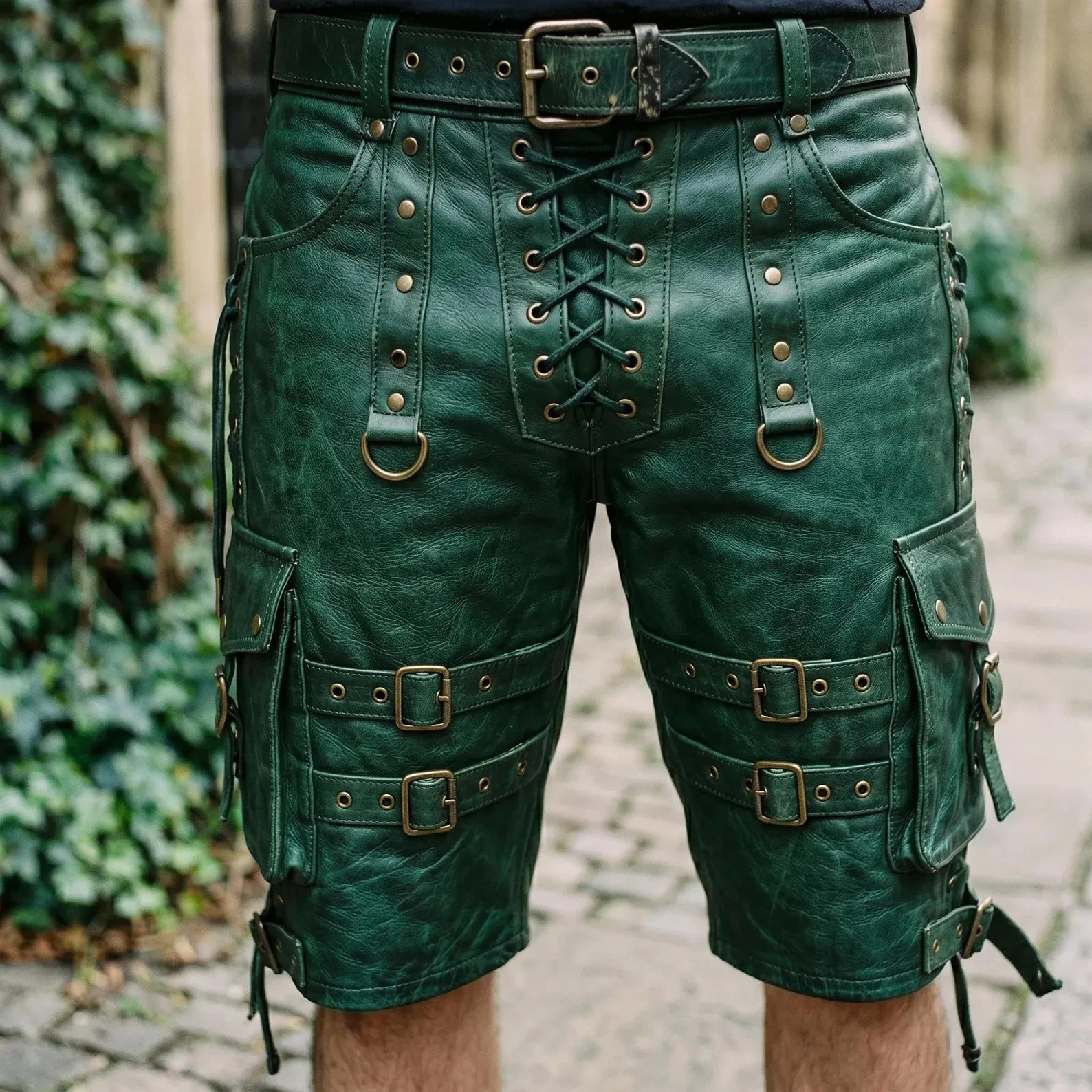 Men's Green Cowhide Leather Cargo Shorts Lace Up Buckle Biker Utility Short