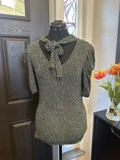 Anthropologie Postmark Tie-Neck Floral Blouse Puff Pleated Sleeve Green Small