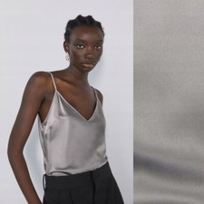 ZARA Women's Size Small Gray Taupe Satin Adjustable Strap Camisole Top Cami Tank