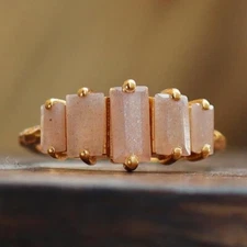 Natural Sunstone Ring, 925 Sterling Silver, 14k Gold Plated Solitaire Women Ring