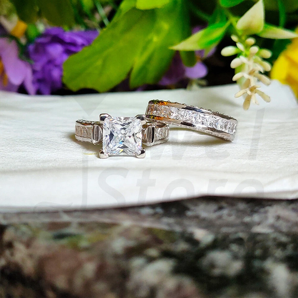 Braut Ring Set 3 Karat Princess Diamant Trauring Verlobungsring Weißgold-Finish - Bild 4 von 4