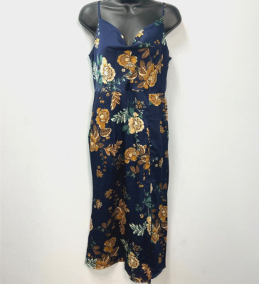 Tsher Navy Blue Floral Print Satin Midi Dress Women s Medium Cowl Neck Leg Slit