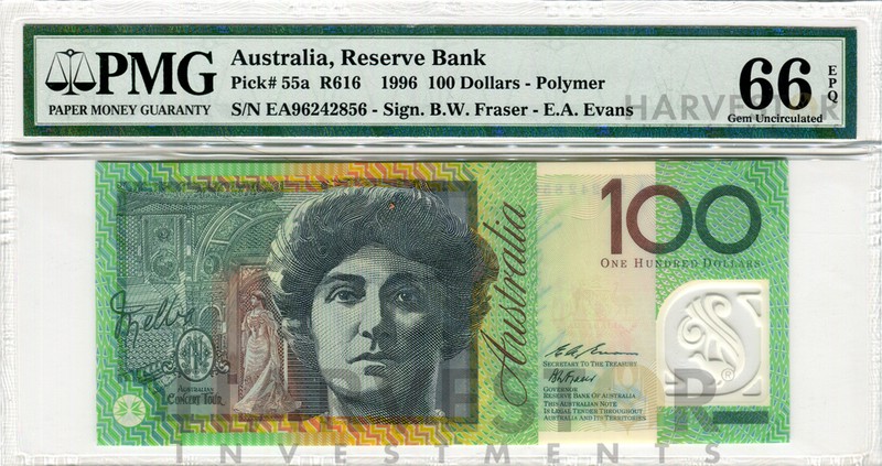 1996 AUSTRALIA $100 BANKNOTE FRASER EVANS PICK 55A - CERTIFIED PMG 66 EPQ GEM UN