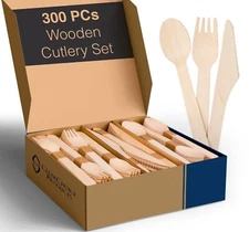 300 PCs Disposable Wooden Cutlery - Eco Friendly 120 Forks, 90 Knives, 90 Spoons