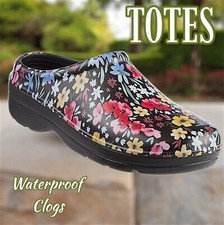 TOTES Black Garden/Floral Bailey Slip On Clogs Size 9 run big NWT