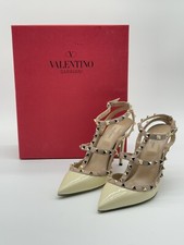 Valentino Rockstud Accents Patent Leather T-Strap Pumps Ivory Gold 38.5 | US 8.5