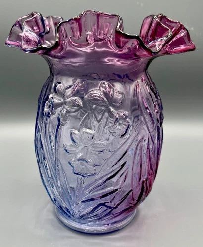 Vintage Fenton Mulberry Cranberry Opalescent Glass Daffodil Ruffled Vase 8”