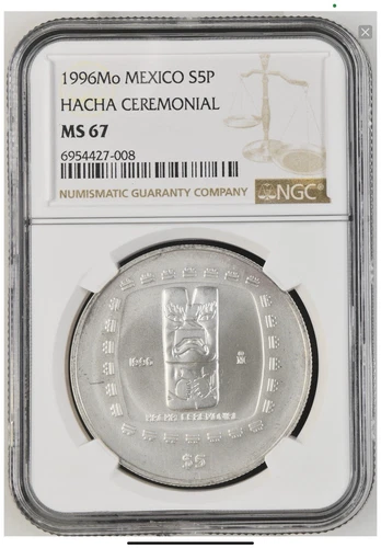 1996 Mo Mexico 5 Pesos Silver Hacha Ceremonial MS67 NGC Only 10 Finer Rare
