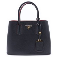 Prada Saffiano Tote Handbag Black Leather Red Interior Gold Hardware With Strap