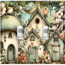 Metal Light Switch Outlet Cover Wall Plate Whimsical Floral Birdhouses AML241