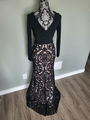 Xscape Embroidered Damask Double-V Fit-and-Flare Gown-BLACK-6 | eBay
