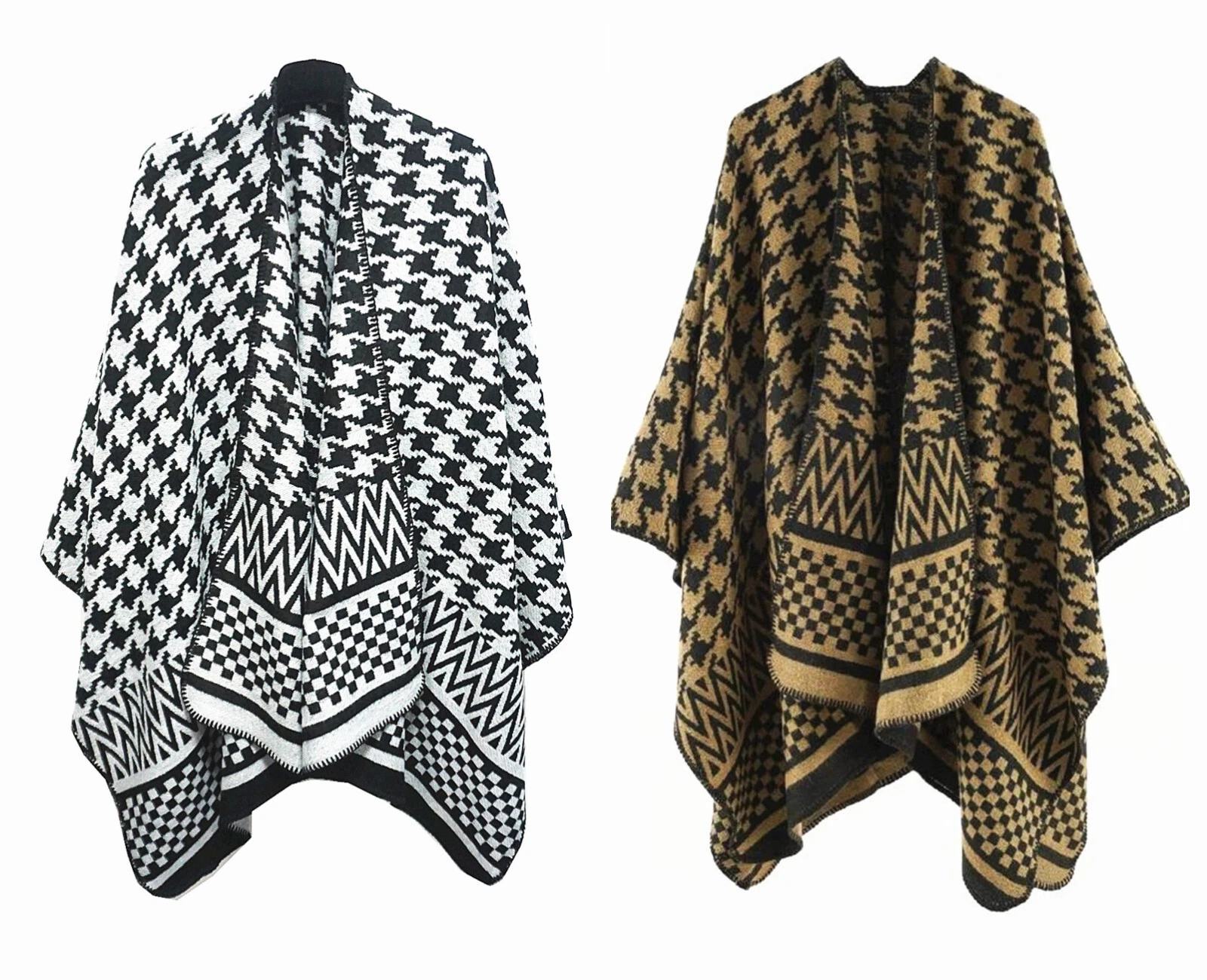 Women Ladies Reversible Open Colorblock Houndstooth & Checkboard Print Poncho