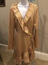 GB womens large gold and beige striped polyester Dress, Wrap, With Belt And Snap