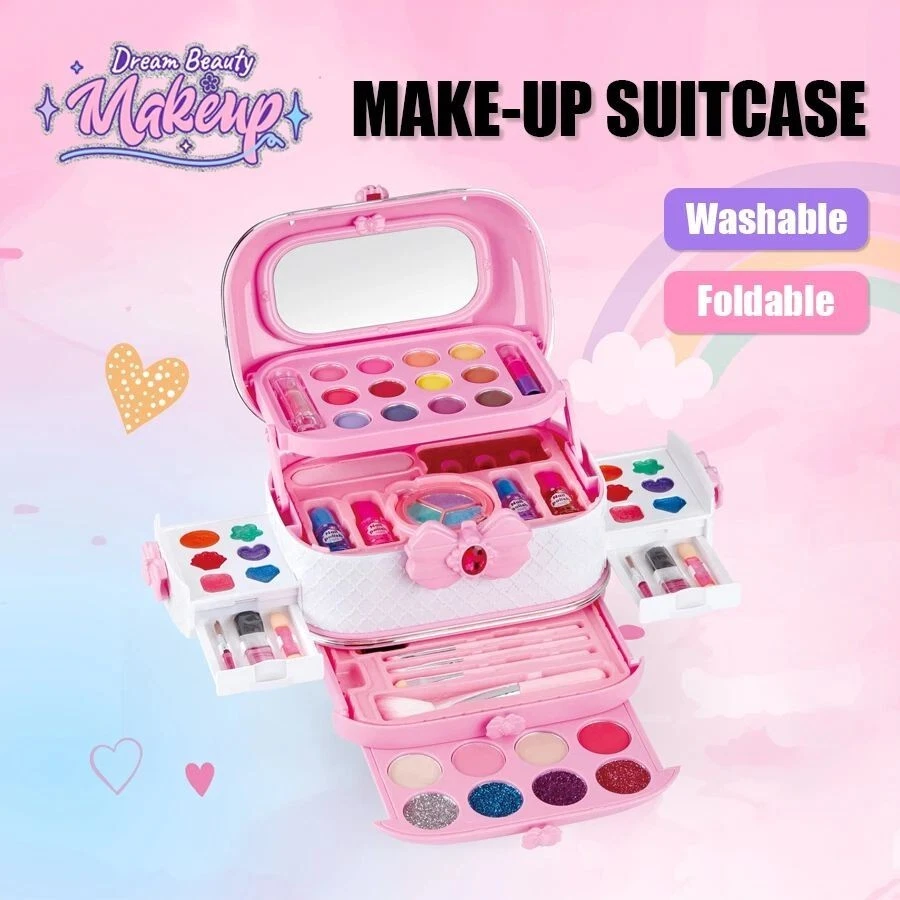 Kids' princess makeup kit with mirror, washable, non-toxic birthday gift.
