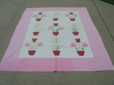 Colorful 1930s American Quilt Tulips in Vases Cotton Padding 70x77" As Is Cutup