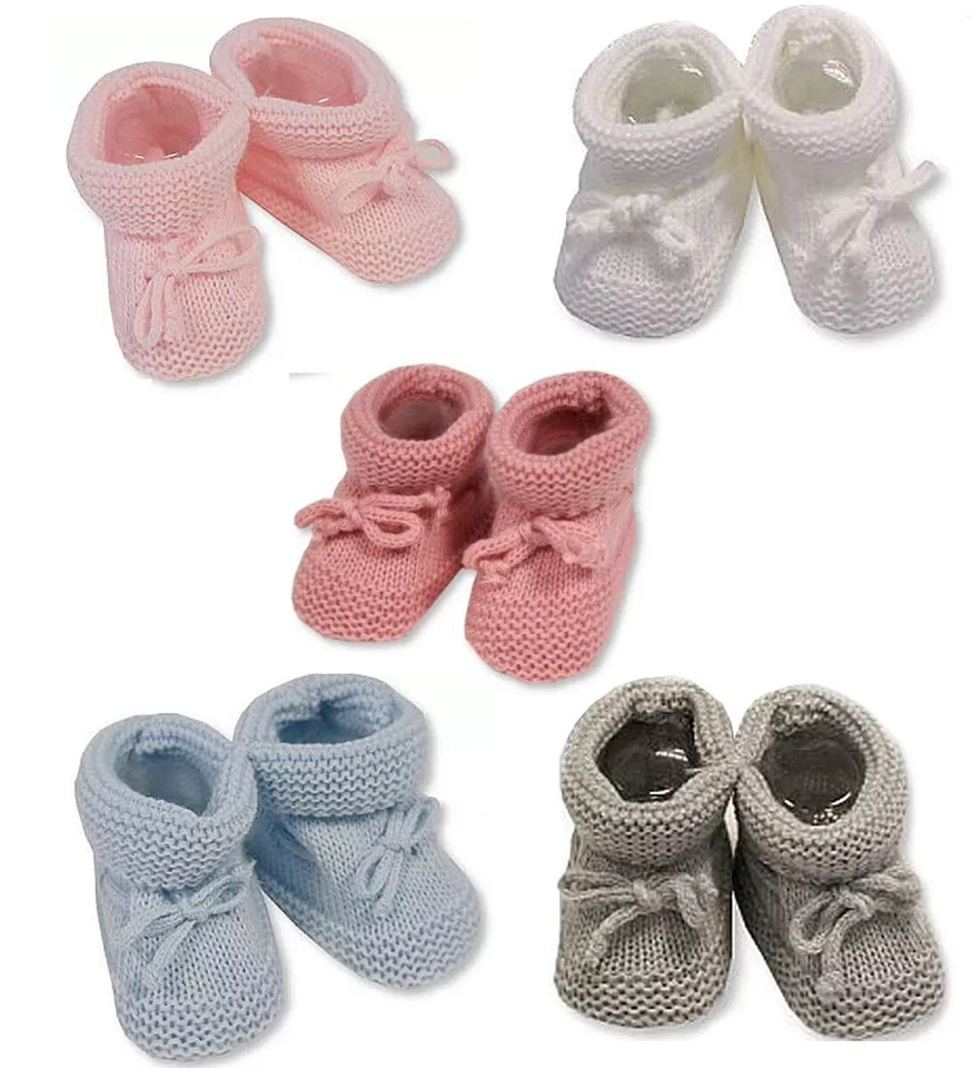 NURSERY TIME Newborn Baby Booties Knitted Tie Up Bootees Girl Boy Pink Blue White 0-3 Months