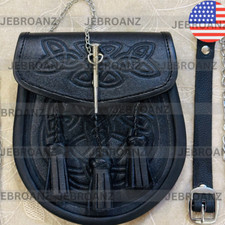 Scottish Mens Kilt Sporran Celtic Embossed Black Pin Lock Highland Kilt Sporran